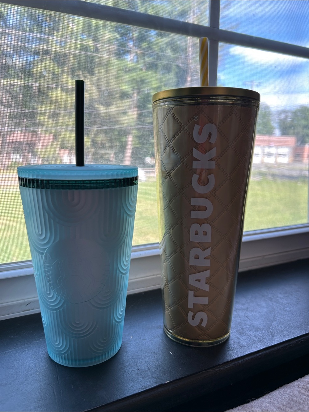 Starbucks Gold Quilted Tumbler & Aqua Textured Cold Cup Set